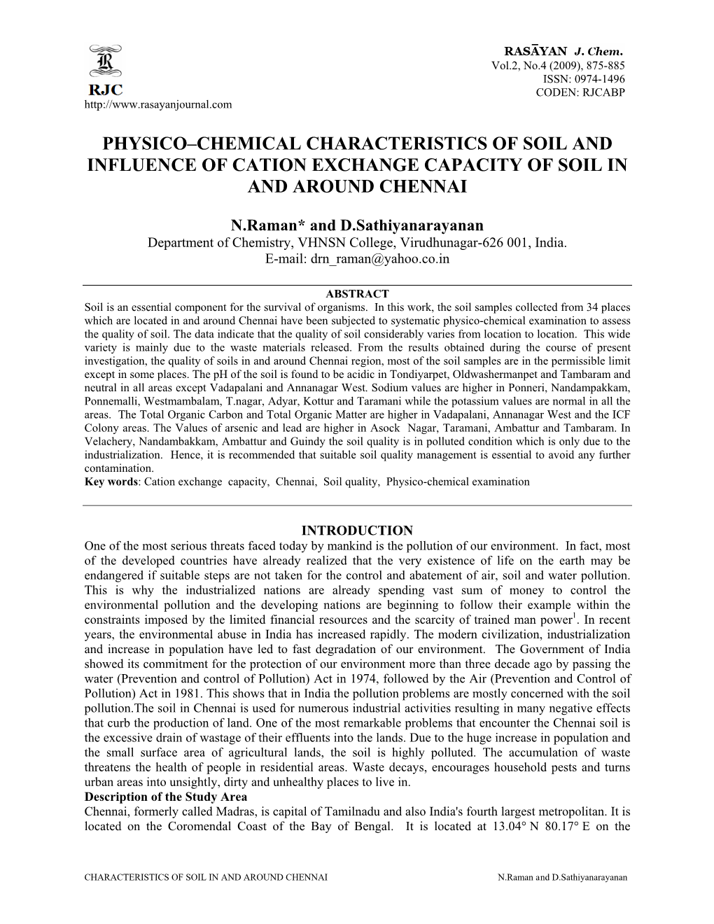Physico–Chemical Characteristics of Soil and Influence of Cation Exchange Capacity of Soil in and Around Chennai