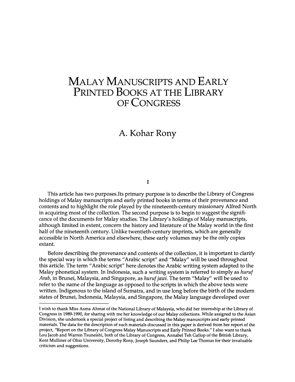 Malay Manuscripts and Early Printed Books at the Library of Congress