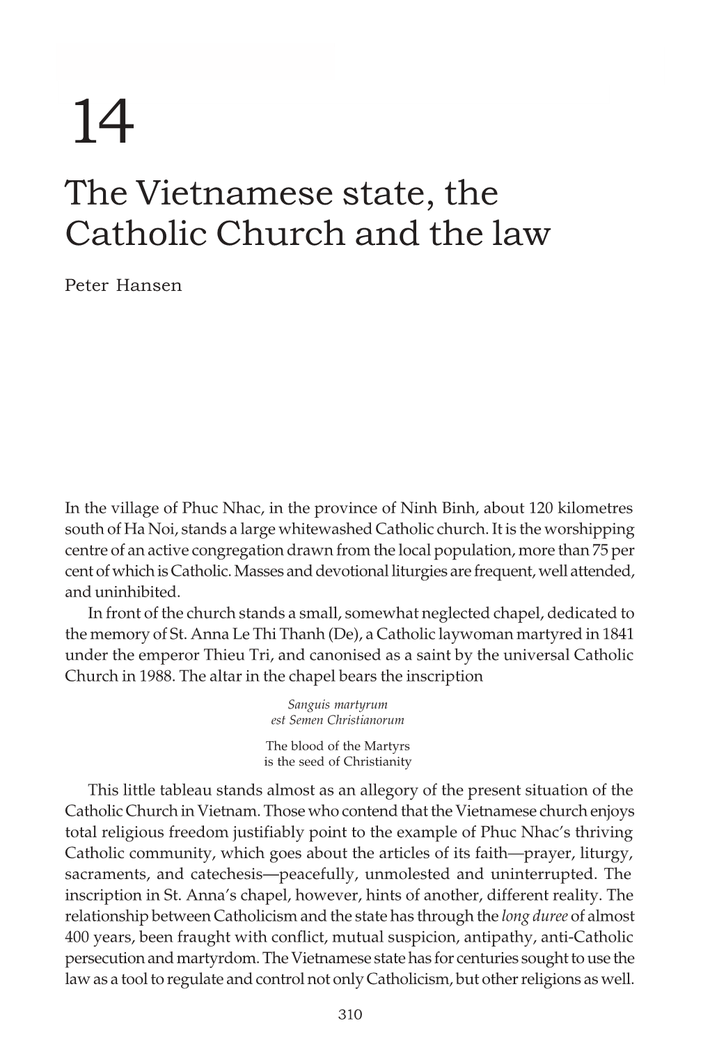 The Vietnamese State, the Catholic Church and the Law