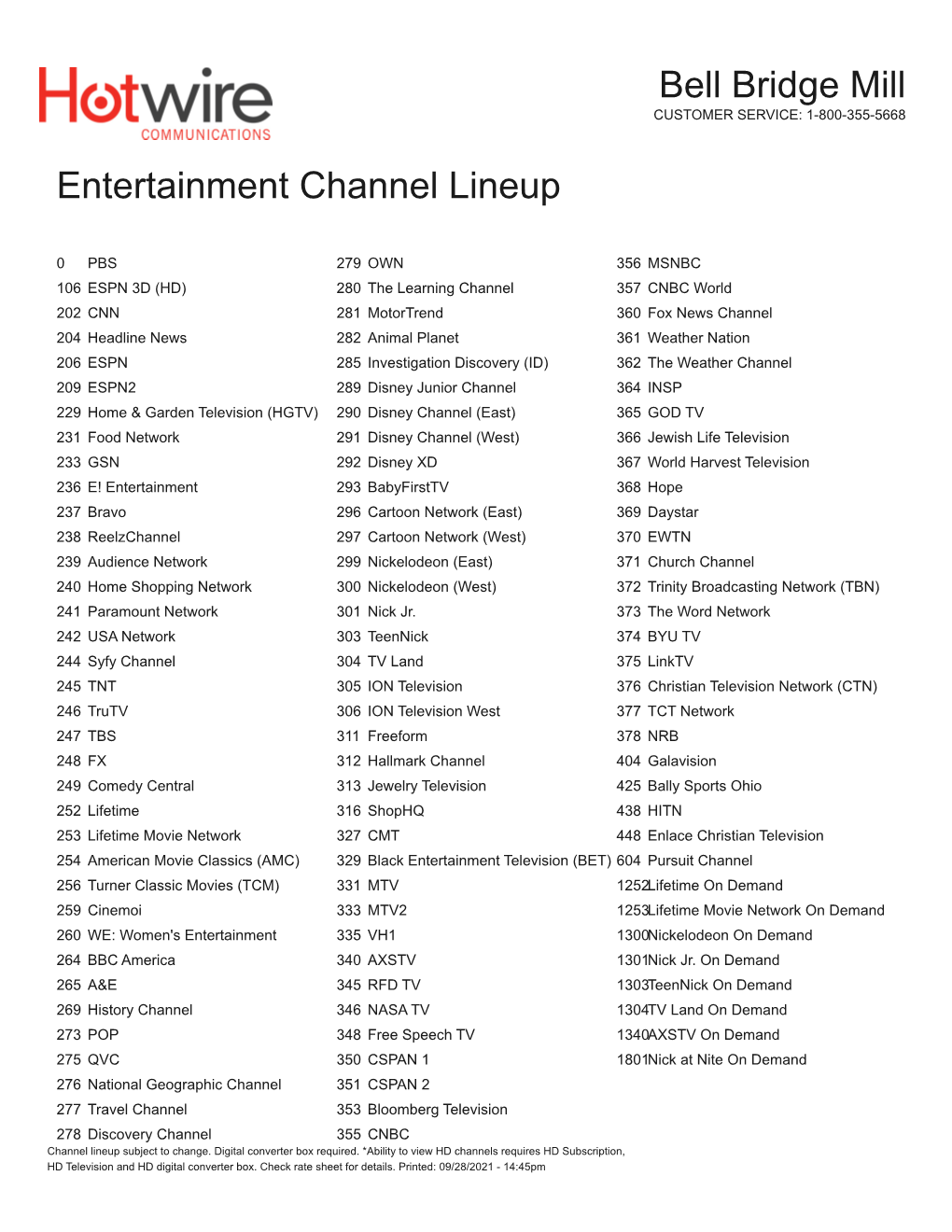 Entertainment Channel Lineup