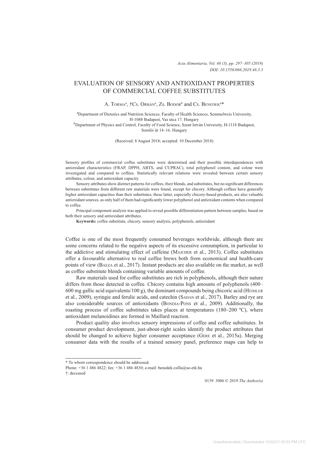 Evaluation of Sensory and Antioxidant Properties of Commercial Coffee Substitutes