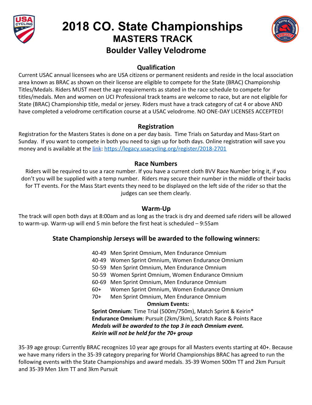 2018 CO. State Championships MASTERS TRACK Boulder Valley Velodrome