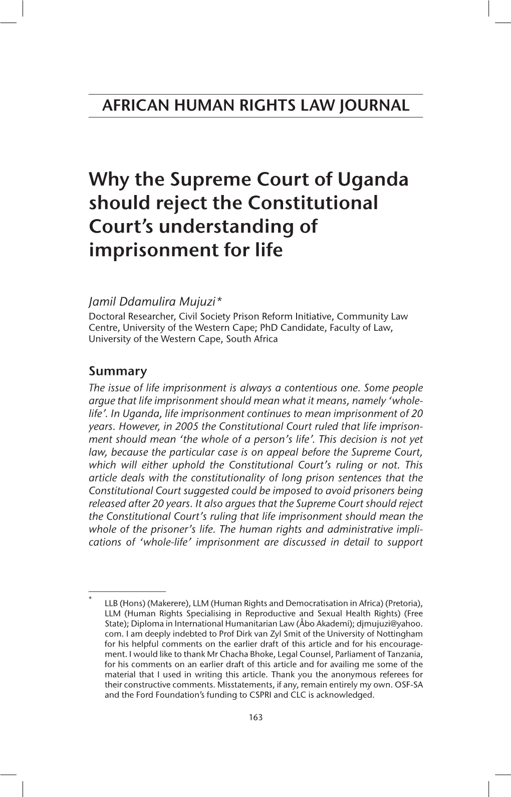 Why the Supreme Court of Uganda Should Reject the Constitutional Court’S Understanding of Imprisonment for Life