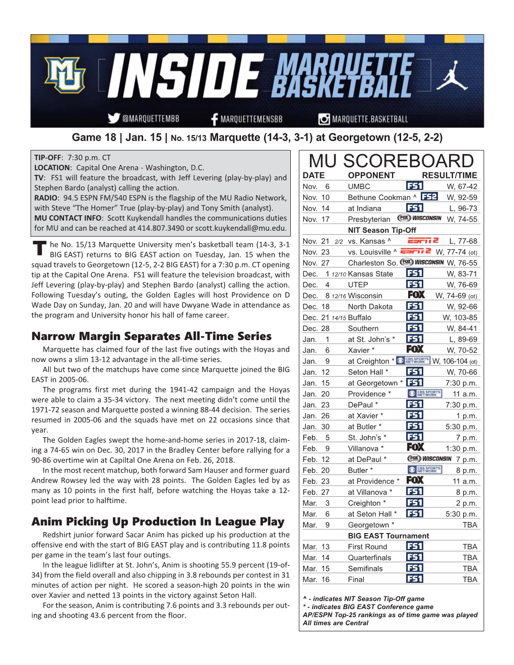 Marquette Game Notes Page 2 INJURY REPORT LAST GAME STARTERS Player (Injury) Status NAME POS