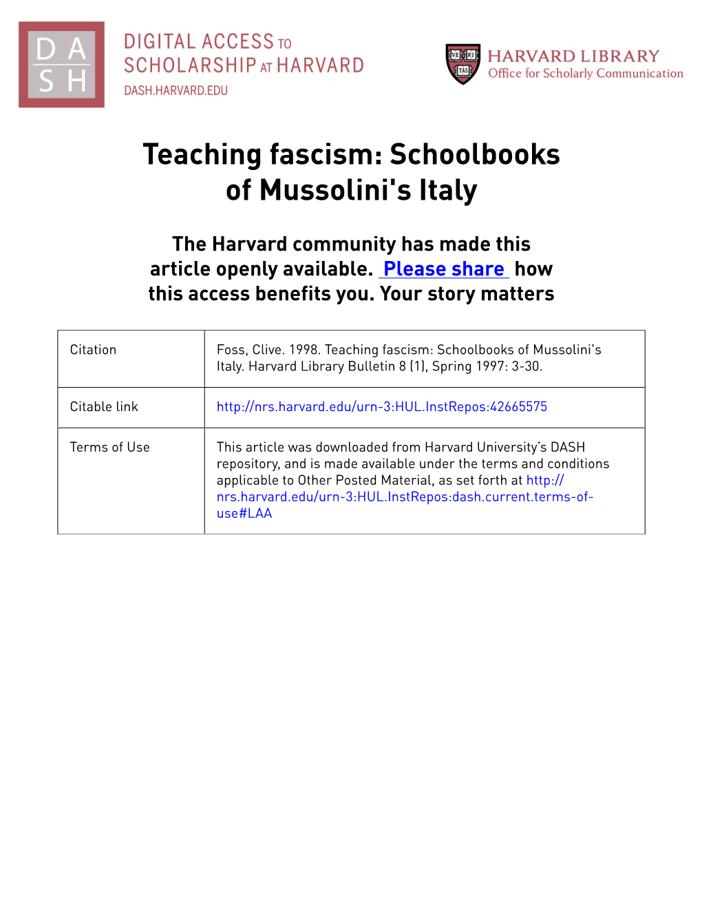 Teaching Fascism: Schoolbooks of Mussolini's Italy