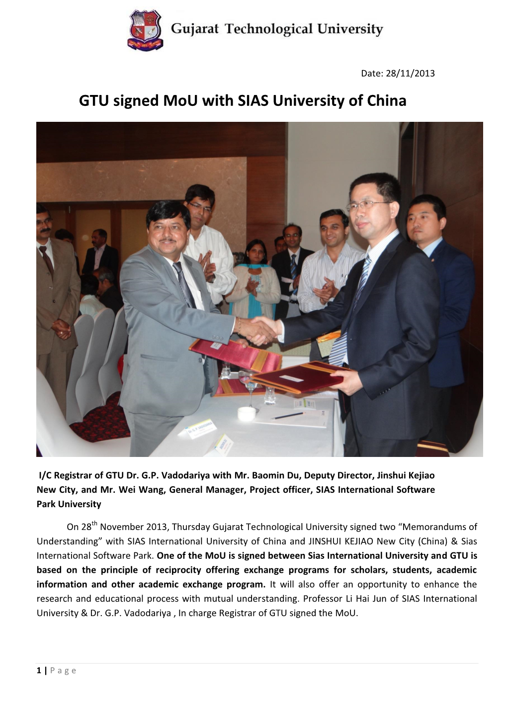 GTU Signed Mou with SIAS University of China