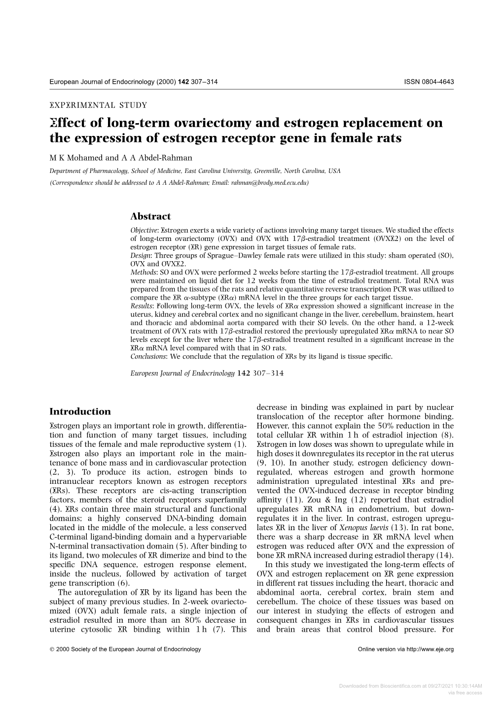 Effect of Long-Term Ovariectomy and Estrogen Replacement on the Expression of Estrogen Receptor Gene in Female Rats