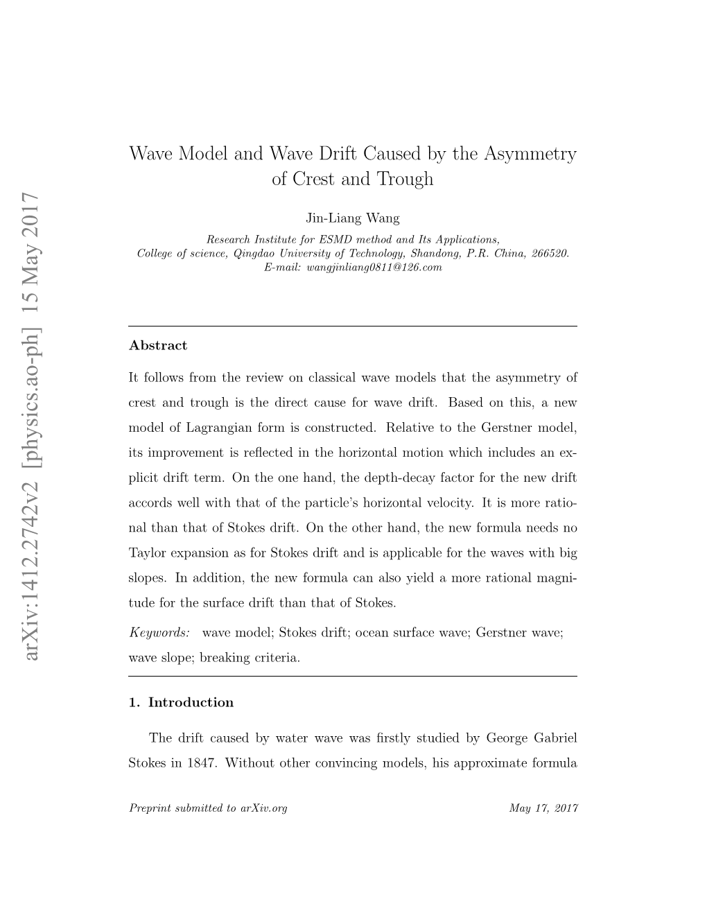 Wave Model and Wave Drift Caused by the Asymmetry of Crest and Trough