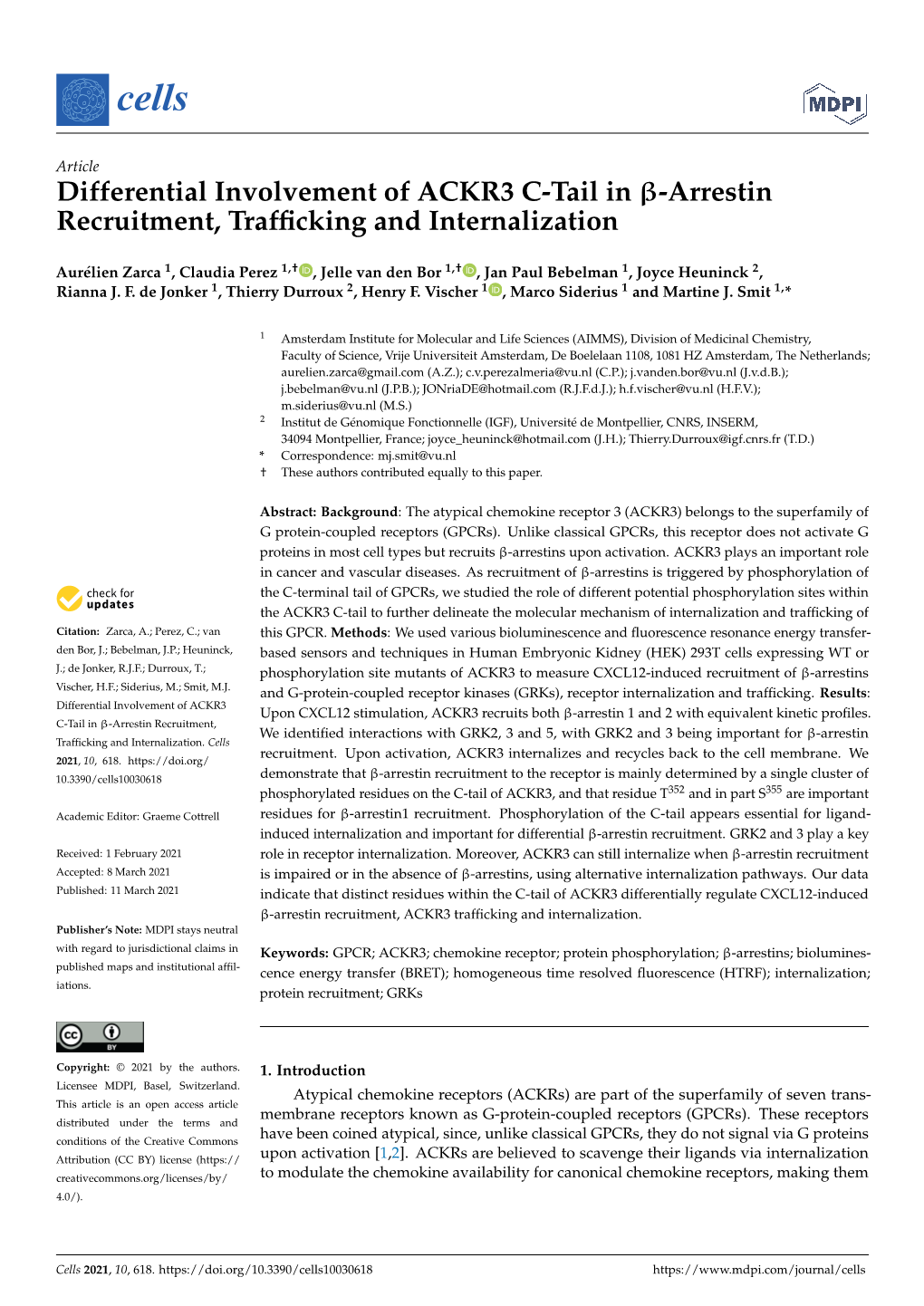 Differential Involvement of ACKR3 C-Tail in Β-Arrestin Recruitment, Trafﬁcking and Internalization