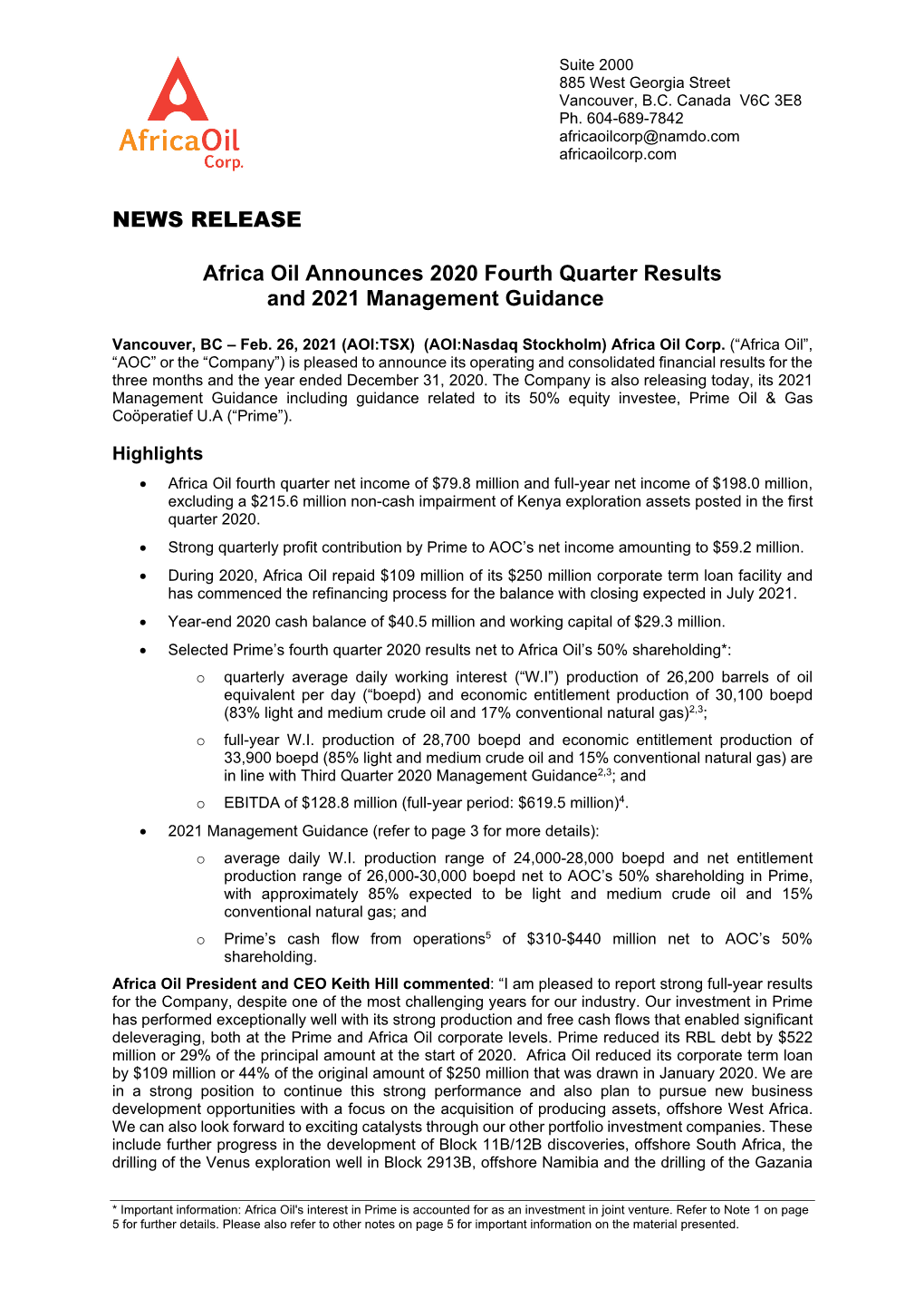 Africa Oil Corp--Africa Oil Announces 2020 Fourth Quarter Result