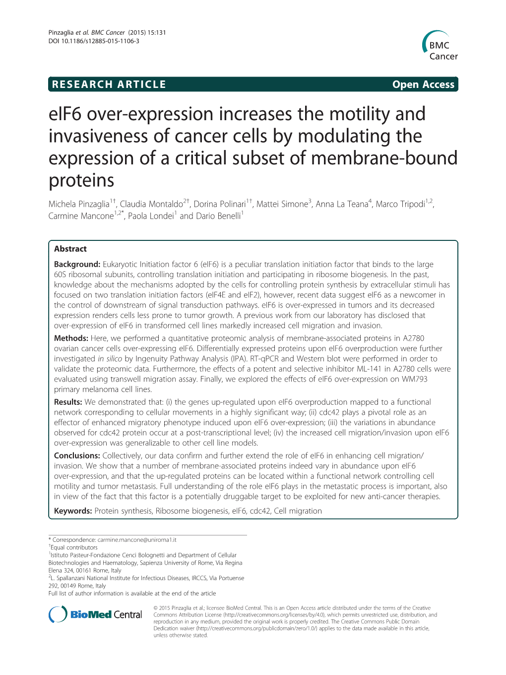 Eif6 Over-Expression Increases the Motility and Invasiveness of Cancer