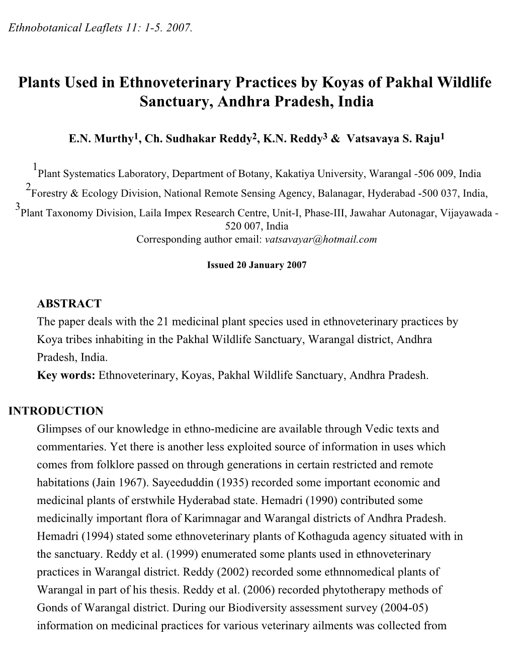Plants Used in Ethnoveterinary Practices by Koyas of Pakhal Wildlife Sanctuary, Andhra Pradesh, India