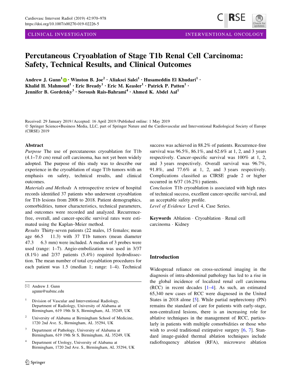 Percutaneous Cryoablation of Stage T1b Renal Cell Carcinoma: Safety, Technical Results, and Clinical Outcomes