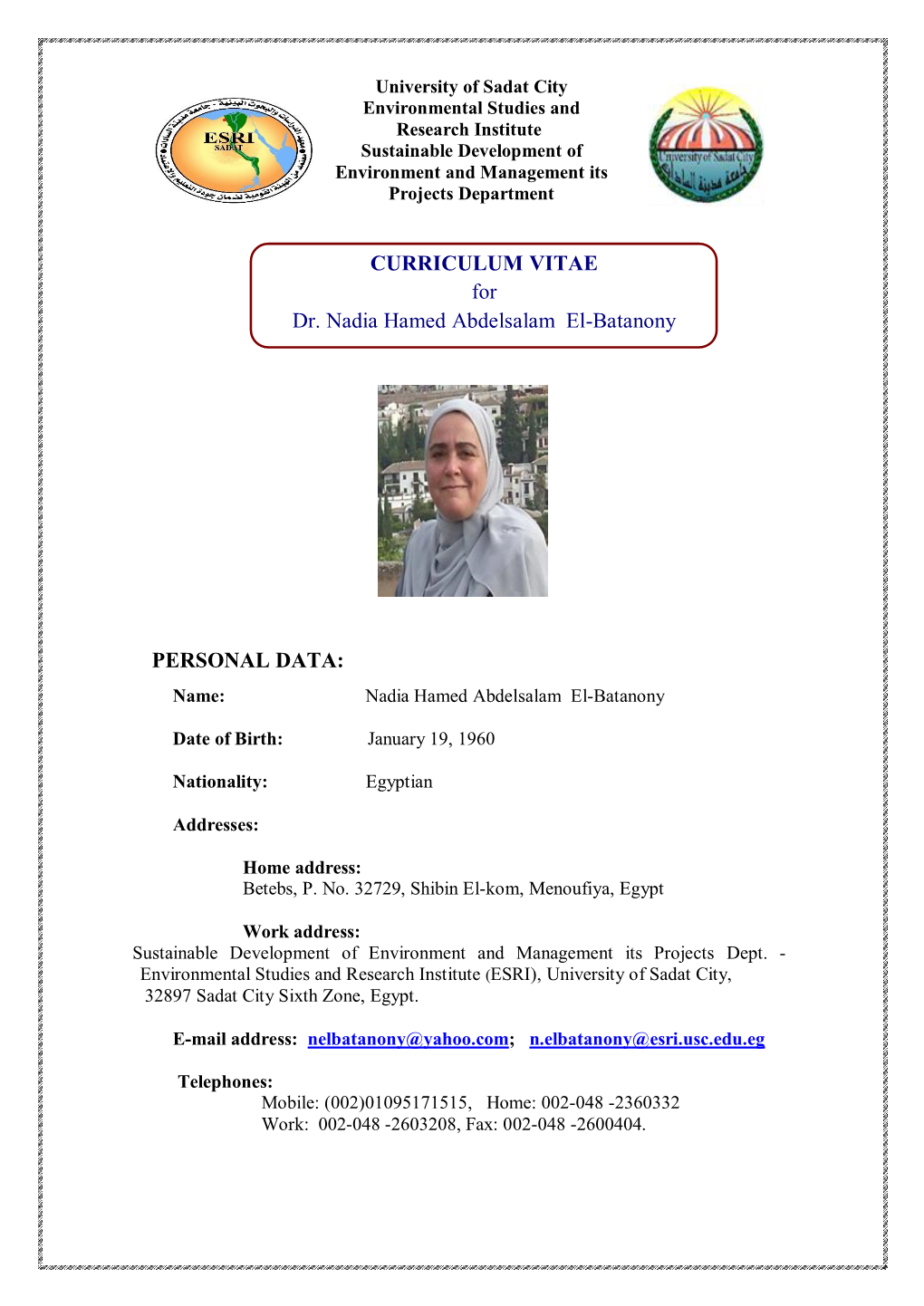 CURRICULUM VITAE for Dr. Nadia Hamed Abdelsalam El-Batanony