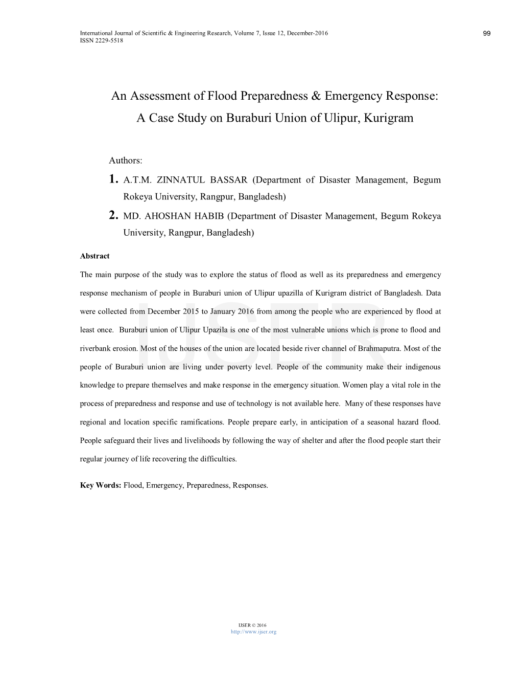 An Assessment of Flood Preparedness & Emergency Response