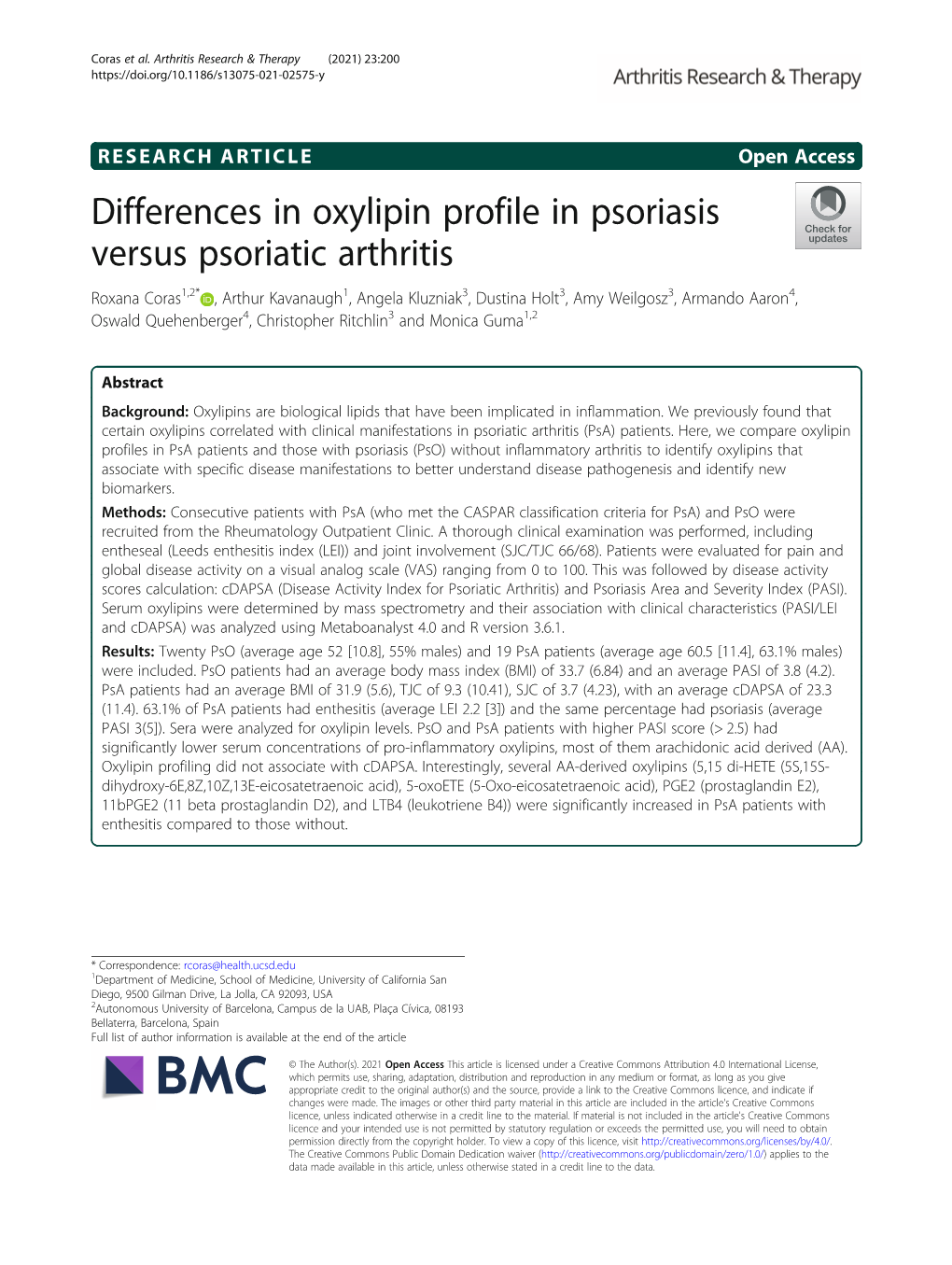 Differences in Oxylipin Profile in Psoriasis Versus Psoriatic Arthritis