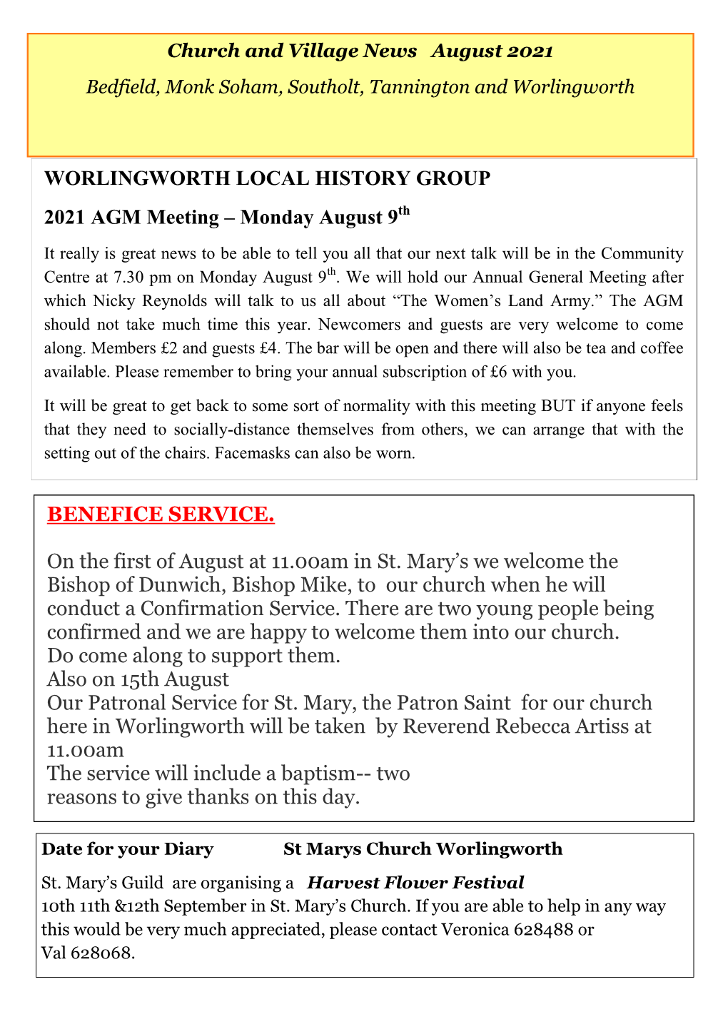 Church and Village News August 2021 Bedfield, Monk Soham, Southolt, Tannington and Worlingworth