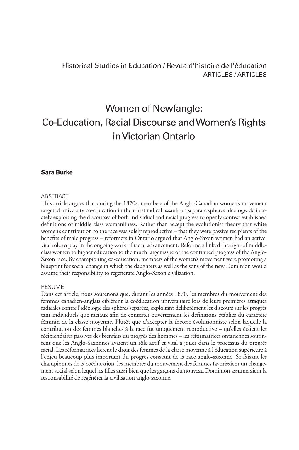 Women of Newfangle: Co-Education, Racial Discourse Andwomen’S Rights Invictorian Ontario