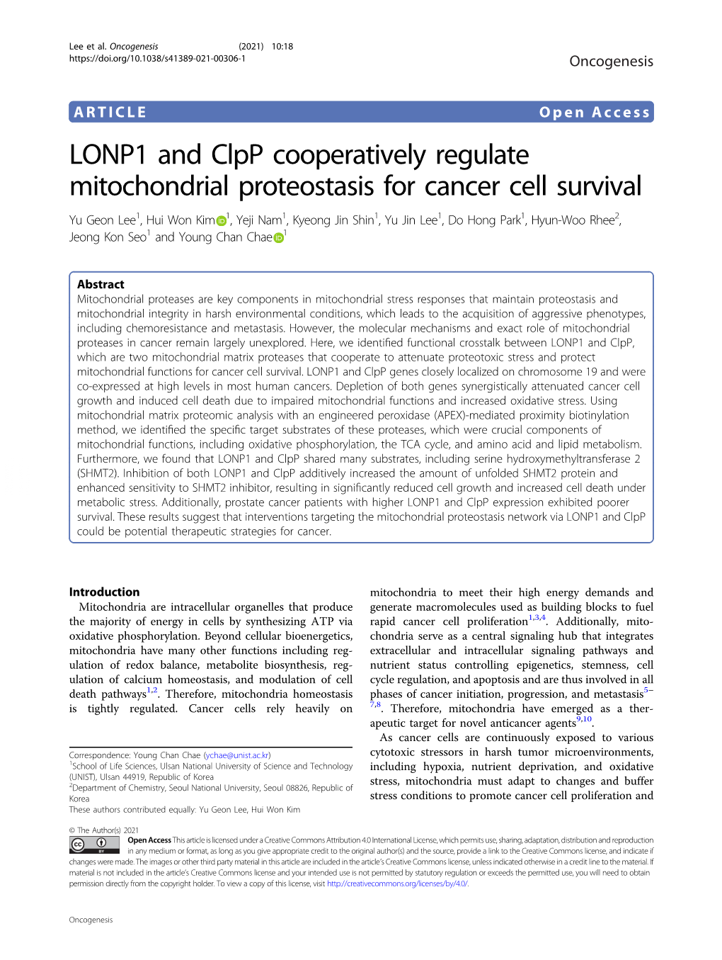 LONP1 and Clpp Cooperatively Regulate Mitochondrial Proteostasis for Cancer Cell Survival