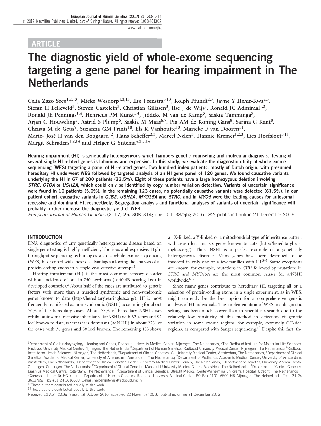 The Diagnostic Yield of Whole-Exome Sequencing Targeting a Gene Panel for Hearing Impairment in the Netherlands