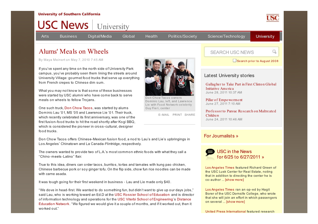 Alums' Meals on Wheels SEARCH USC NEWS
