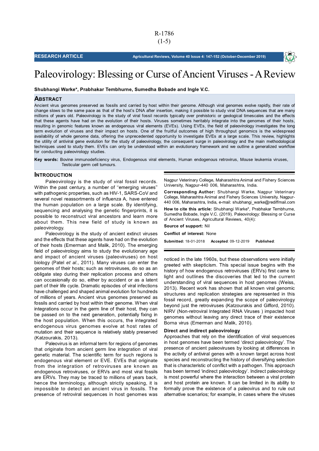 Paleovirology: Blessing Or Curse of Ancient Viruses - a Review