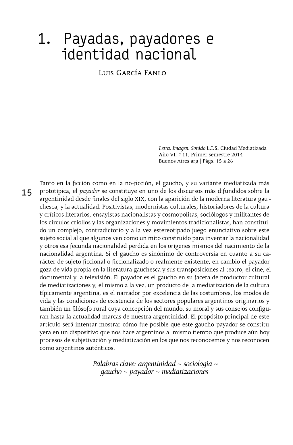 1. Payadas, Payadores E Identidad Nacional Luis García Fanlo