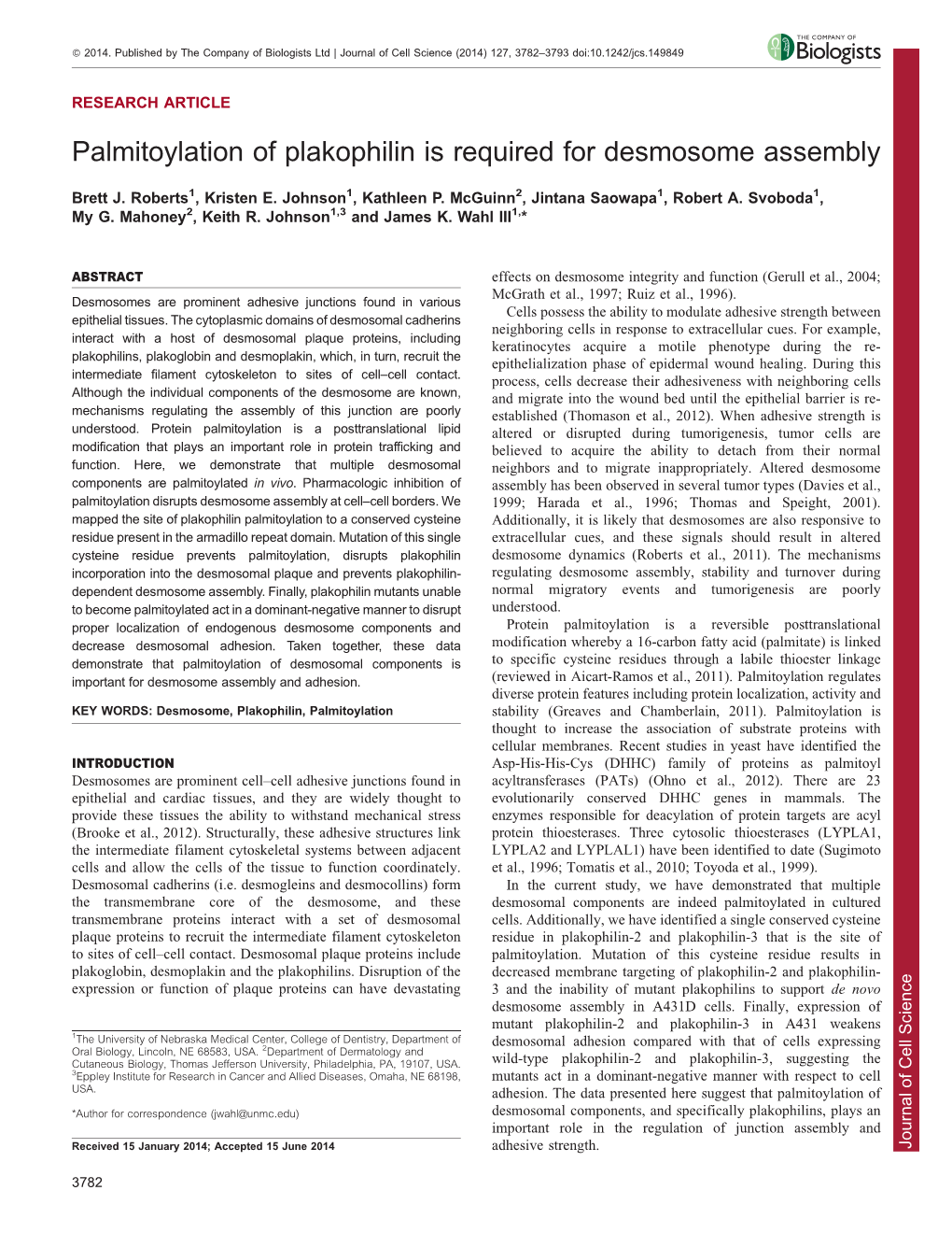 Palmitoylation of Plakophilin Is Required for Desmosome Assembly