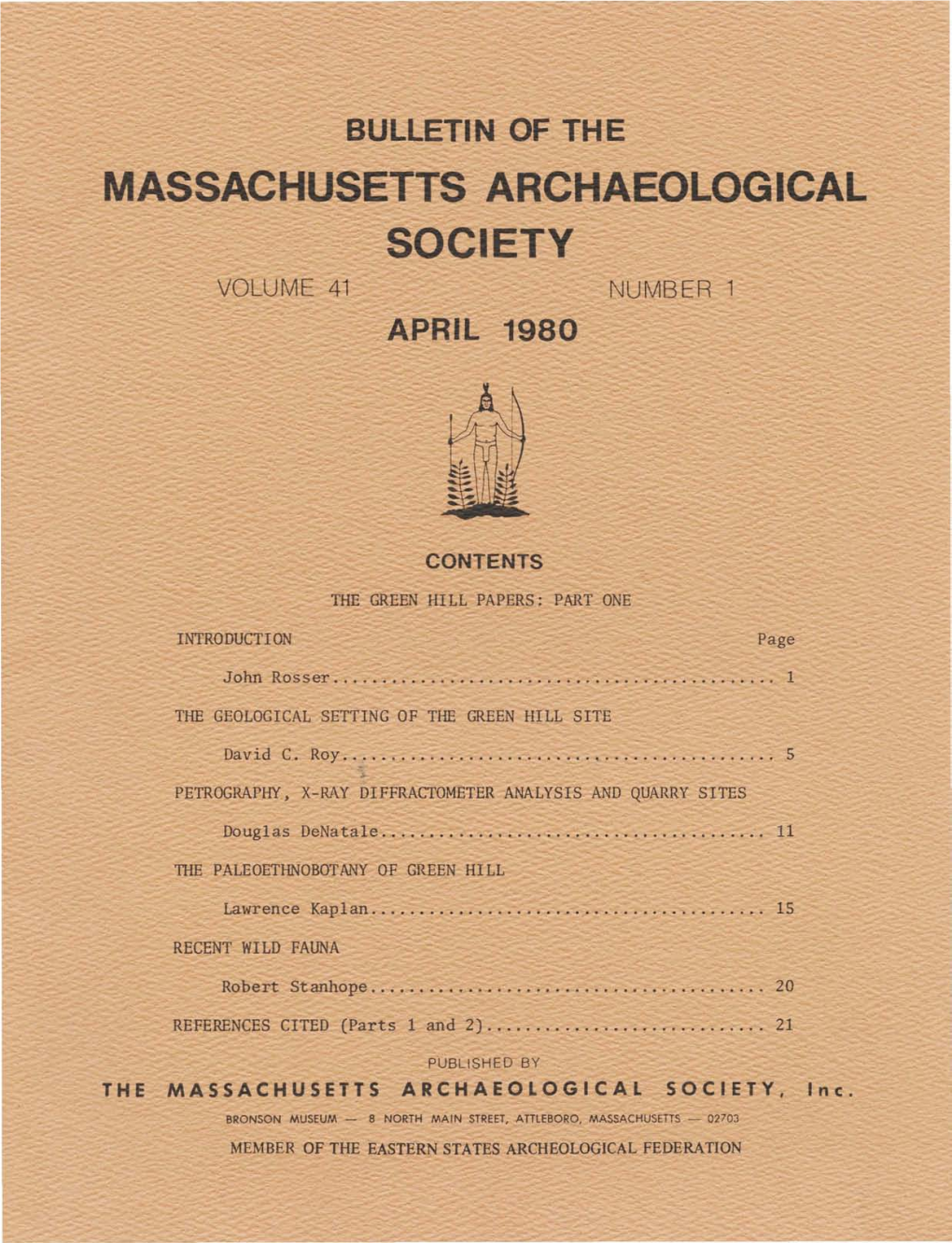 Massachusetts Archaeological Society Volume 41 Number 1