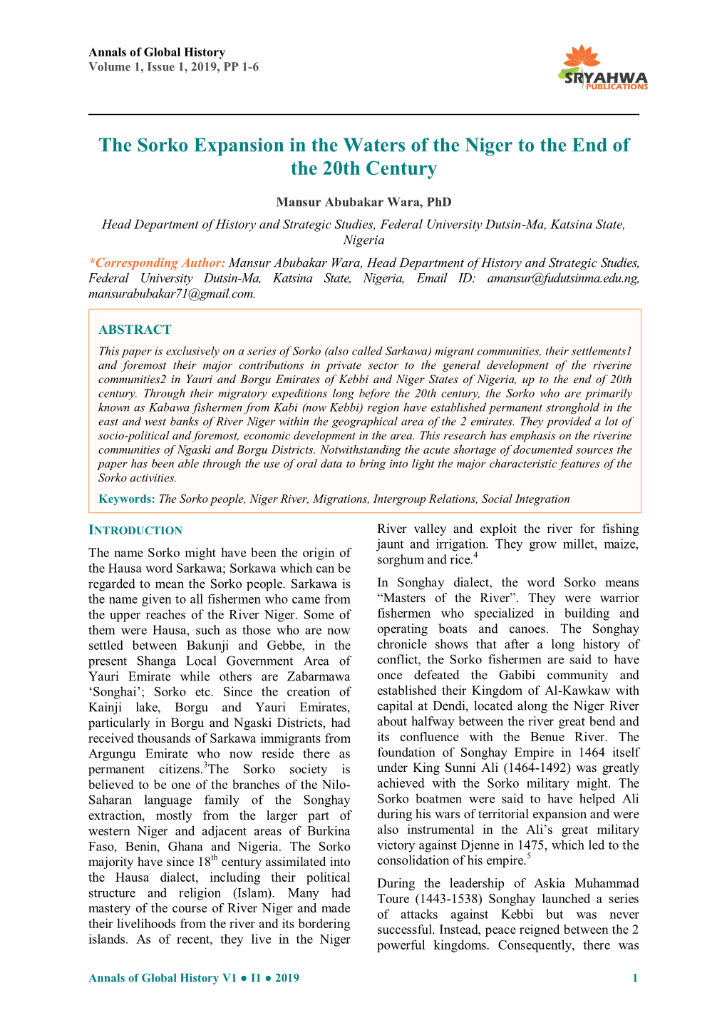 The Sorko Expansion in the Waters of the Niger to the End of the 20Th Century