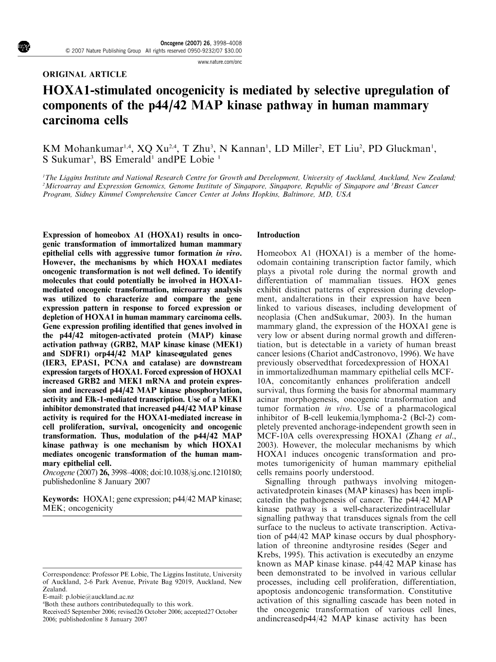 HOXA1-Stimulated Oncogenicity Is Mediated by Selective Upregulation of Components of the P44/42 MAP Kinase Pathway in Human Mammary Carcinoma Cells