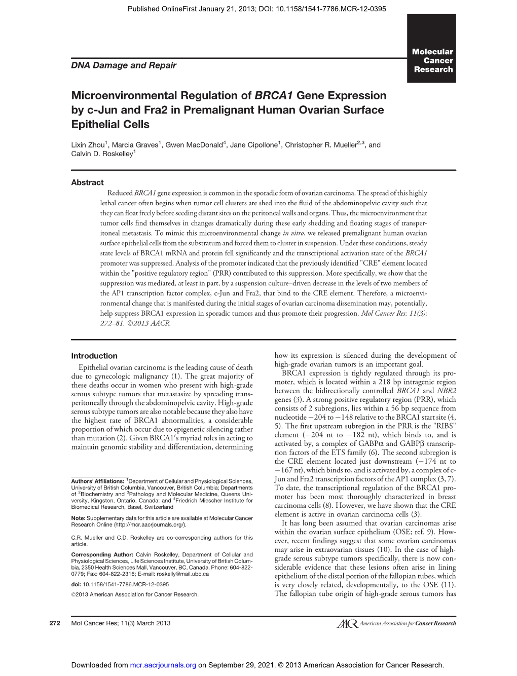 Microenvironmental Regulation of BRCA1 Gene Expression by C-Jun and Fra2 in Premalignant Human Ovarian Surface Epithelial Cells