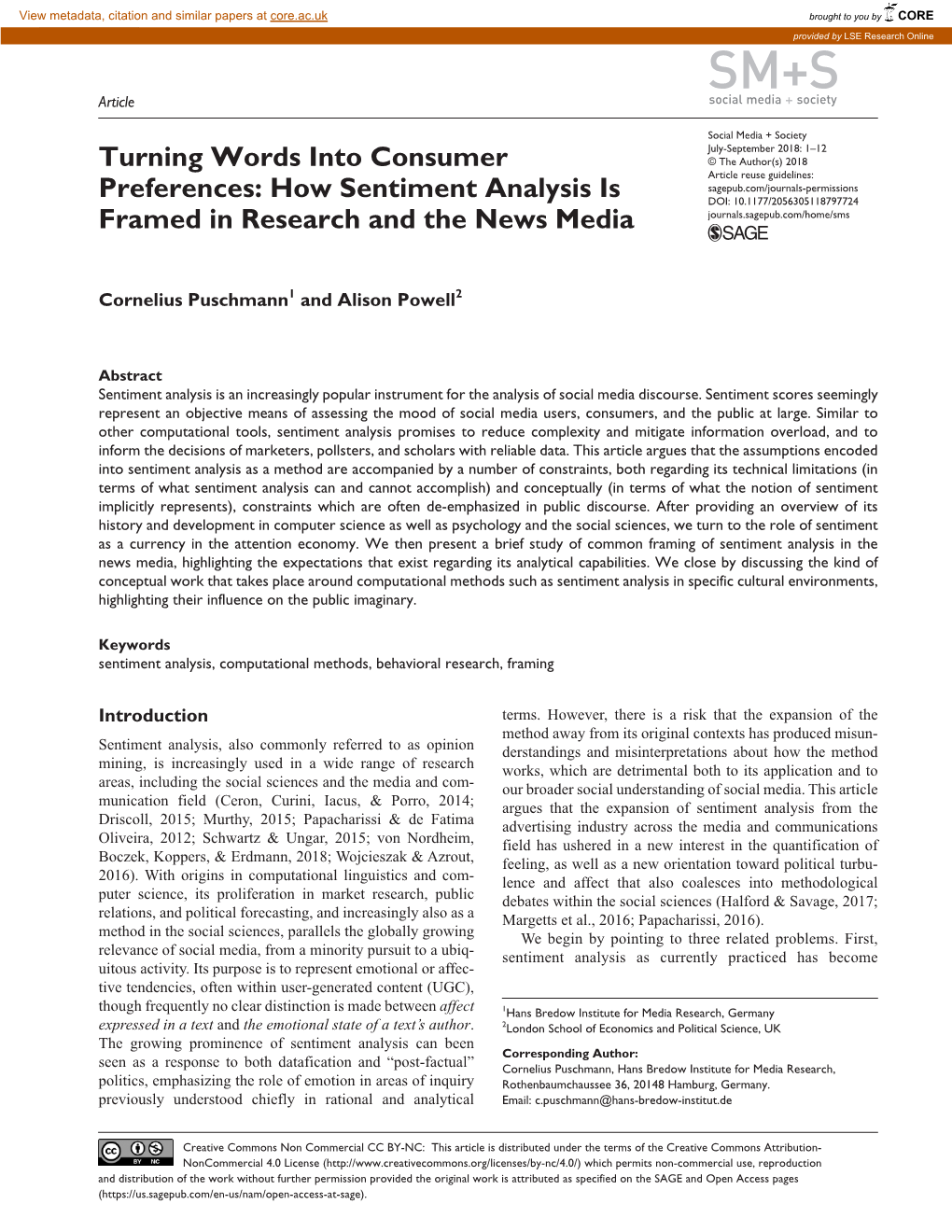 Turning Words Into Consumer Preferences: How Sentiment Analysis Is Framed in Research and the News Media