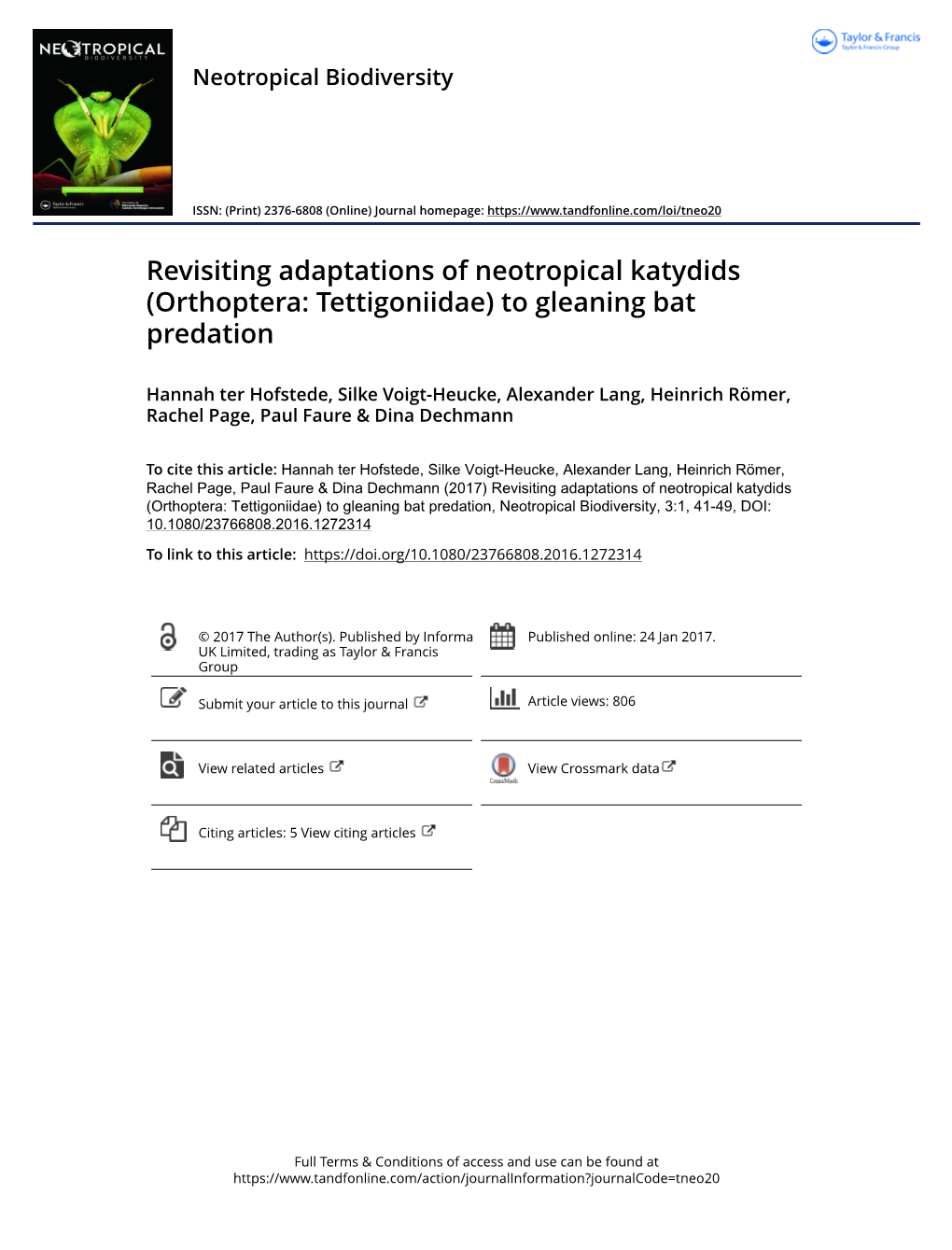 (Orthoptera: Tettigoniidae) to Gleaning Bat Predation