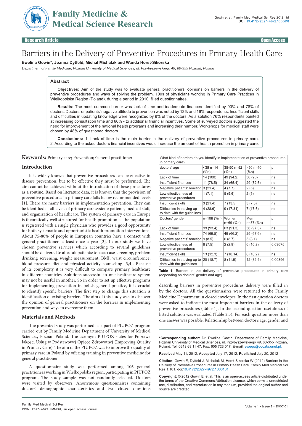 Barriers in the Delivery of Preventive Procedures in Primary Health Care