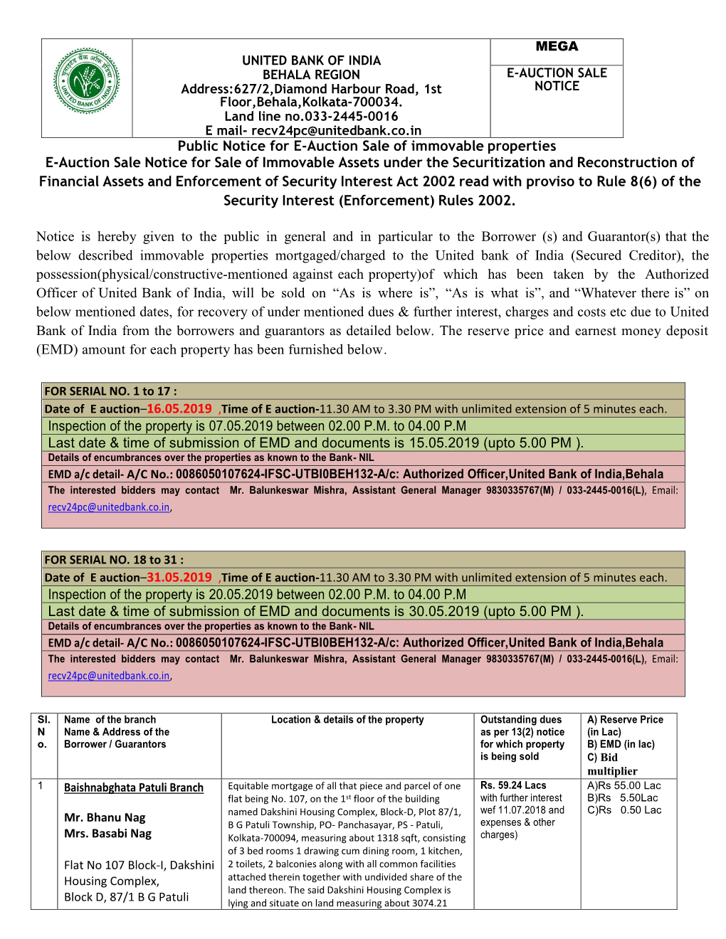 Public Notice for E-Auction Sale of Immovable Properties E-Auction