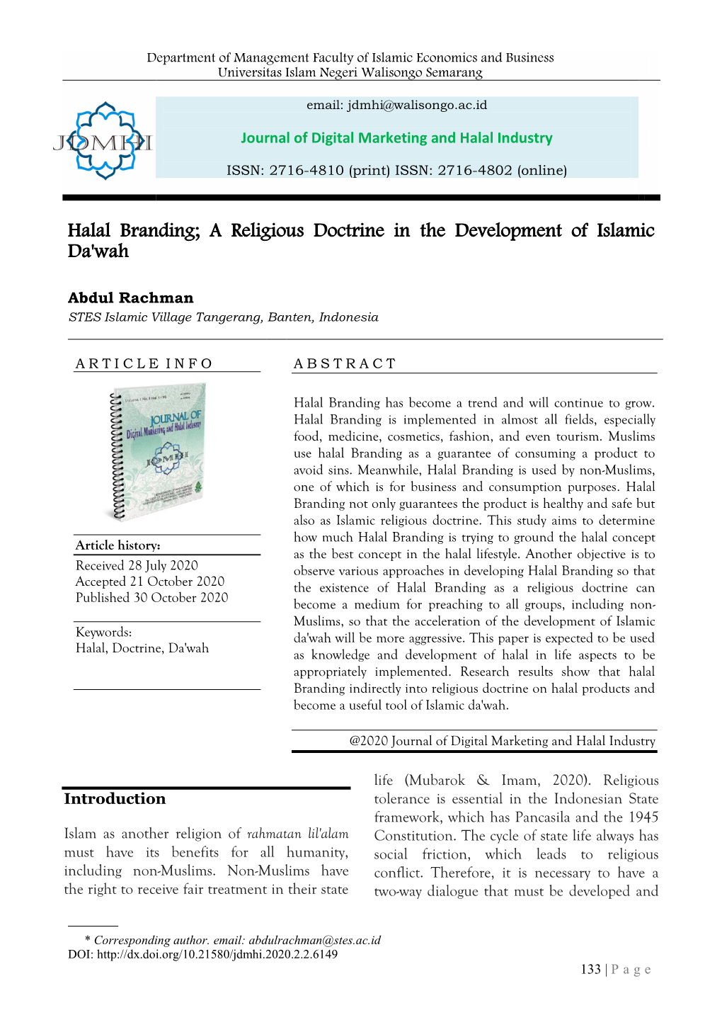 Halal Branding; a Religious Doctrine in the Development of Islamic Da'wah