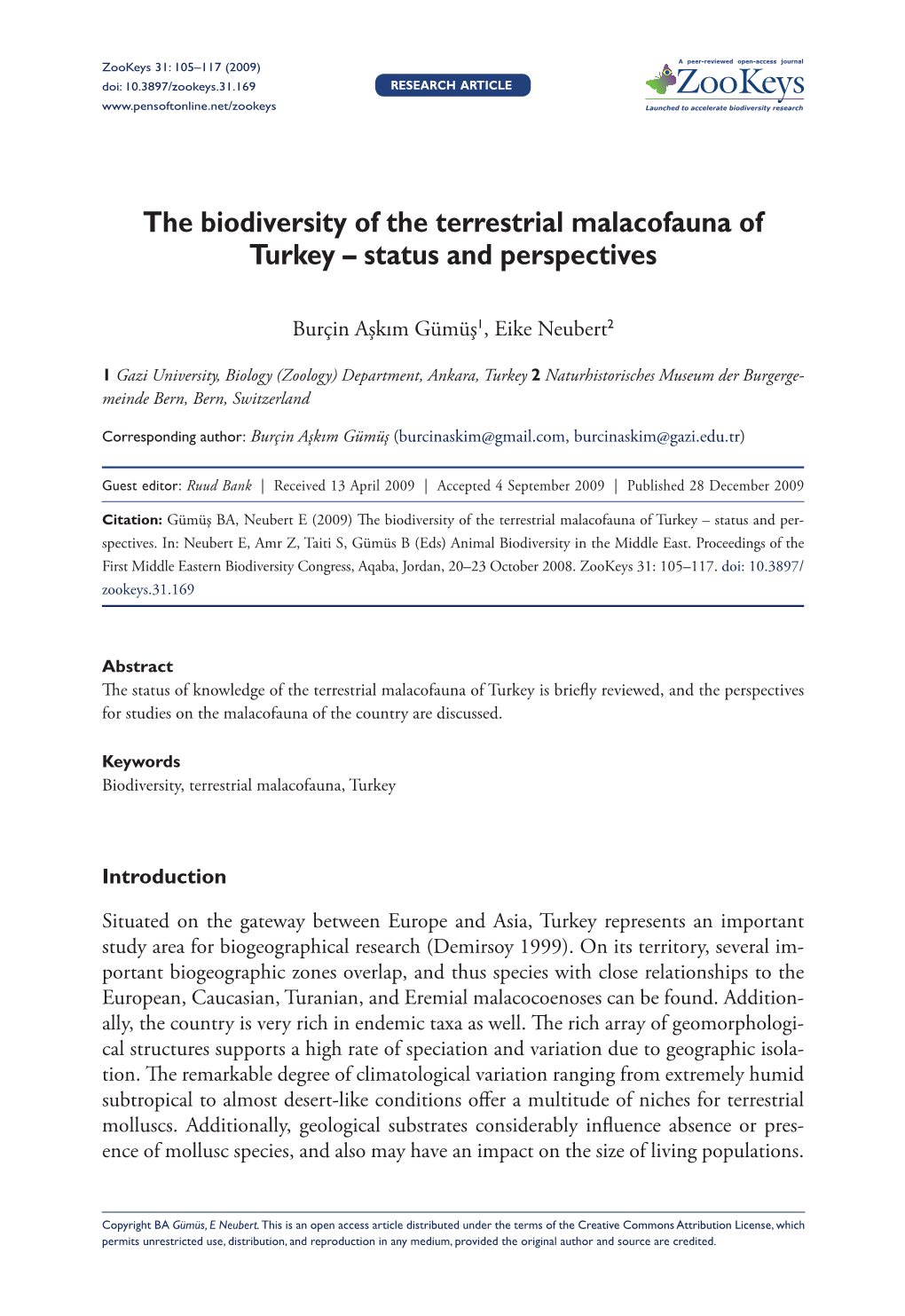 The Biodiversity of the Terrestrial Malacofauna of Turkey – Status and Perspectives