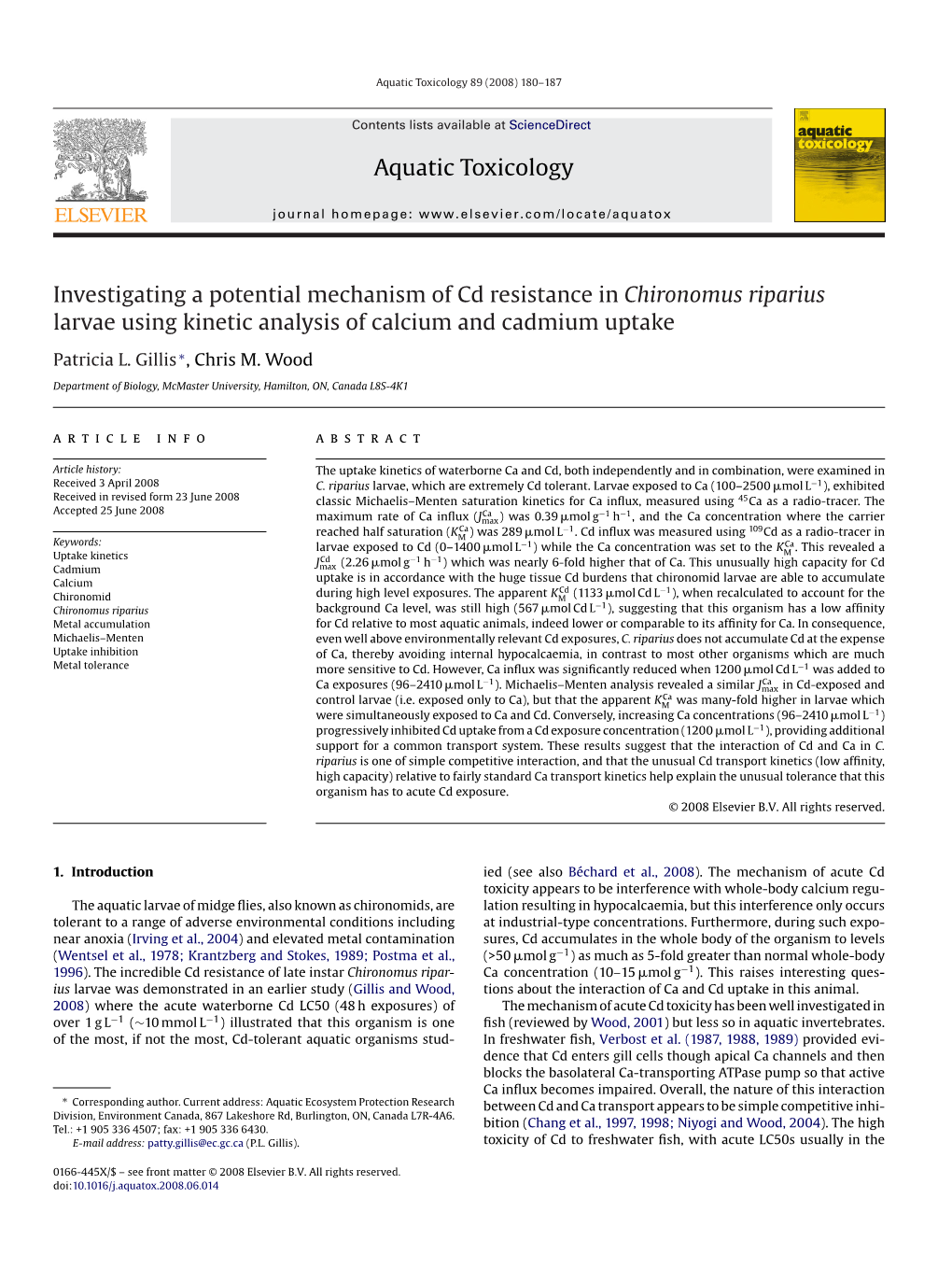 Aquatic Toxicology Investigating a Potential Mechanism of Cd Resistance in Chironomus Riparius Larvae Using Kinetic Analysis Of