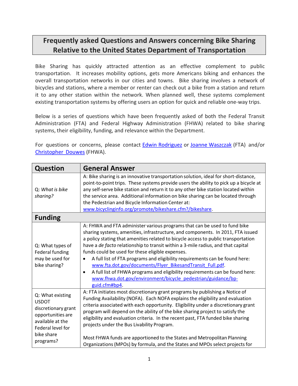 Frequently Asked Questions and Answers Concerning Bike Sharing Relative to the United States Department of Transportation