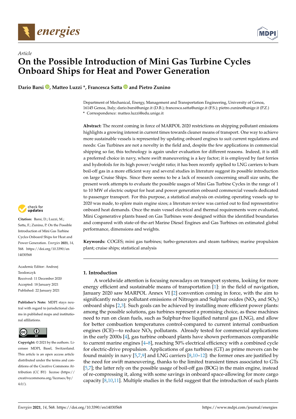 On the Possible Introduction of Mini Gas Turbine Cycles Onboard Ships for Heat and Power Generation