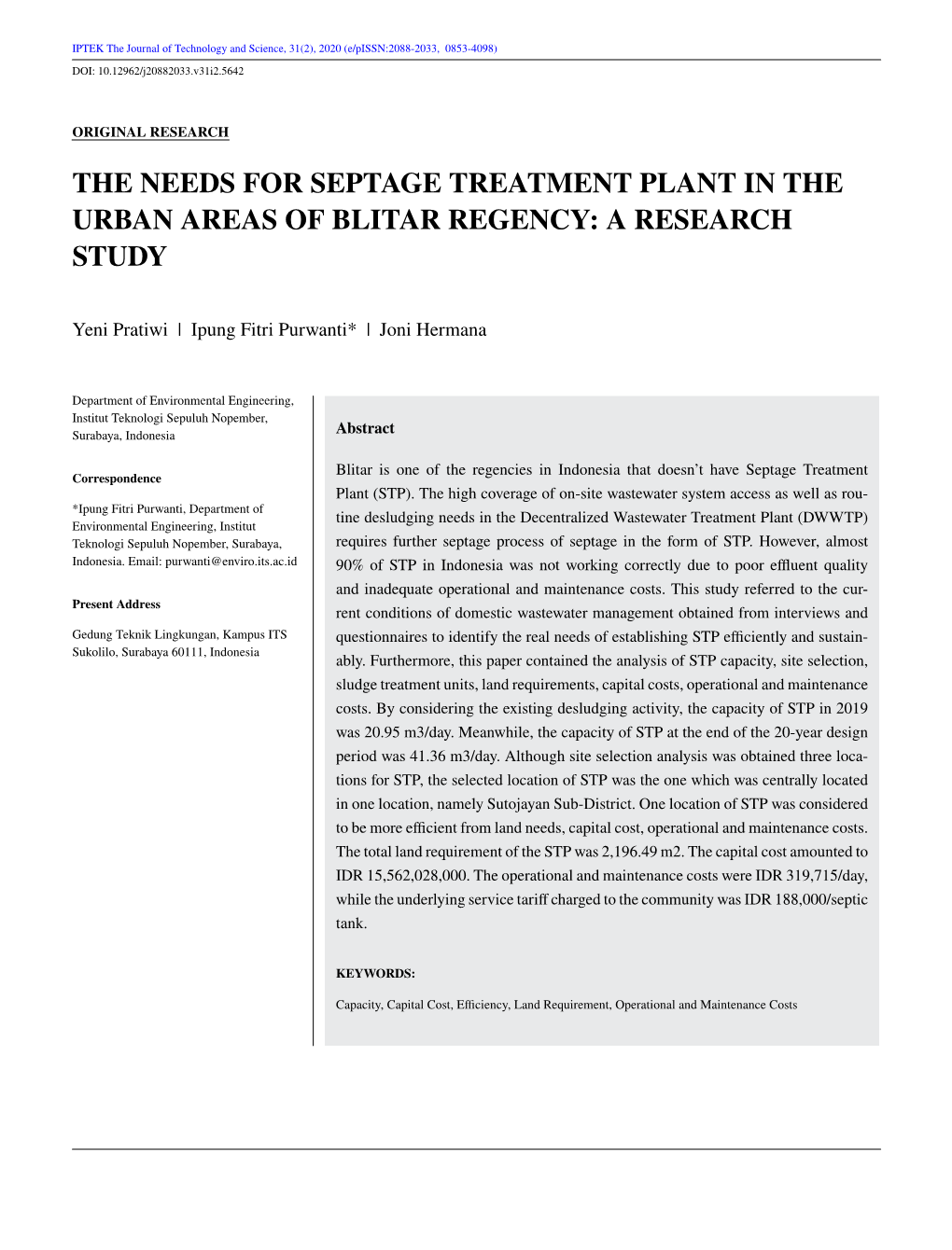 The Needs for Septage Treatment Plant in the Urban Areas of Blitar Regency: a Research Study