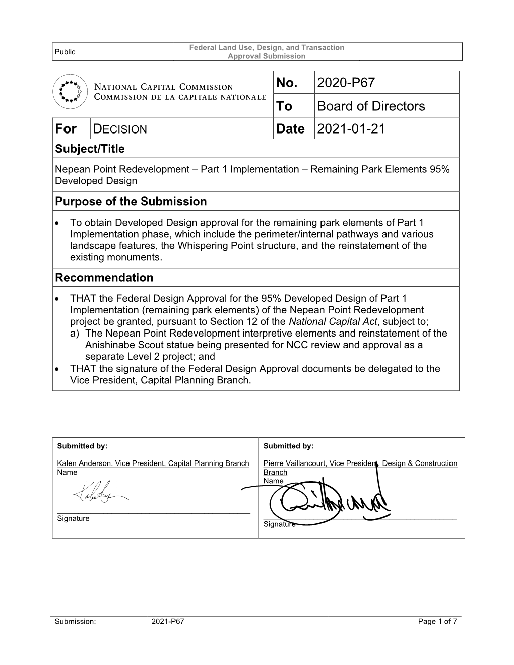 No. 2020-P67 to Board of Directors Date 2021-01-21