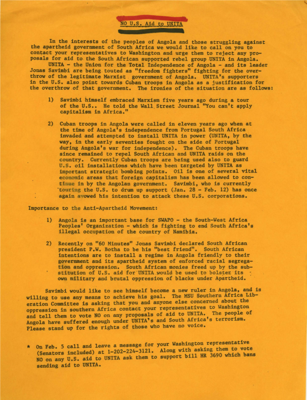 0 U.S. Aid to UNITA in the Interests of the Peoples of Angola and Those Struggling Against the Apartheid Government of South