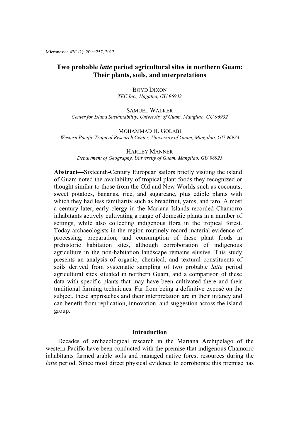 Two Probable Latte Period Agricultural Sites in Northern Guam: Their Plants, Soils, and Interpretations