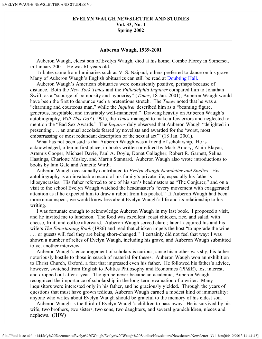 EVELYN WAUGH NEWSLETTER and STUDIES Vol