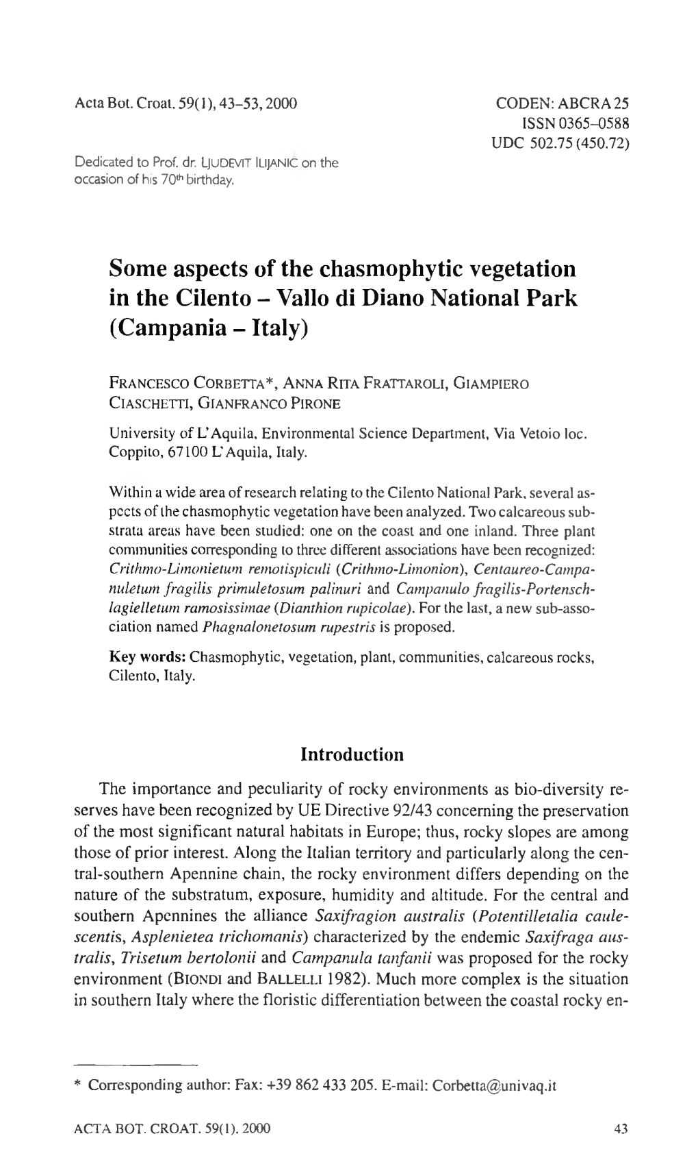 Some Aspects of the Chasmophytic Vegetation in the Cilento - Vallo Di Diano National Park (Campania - Italy)