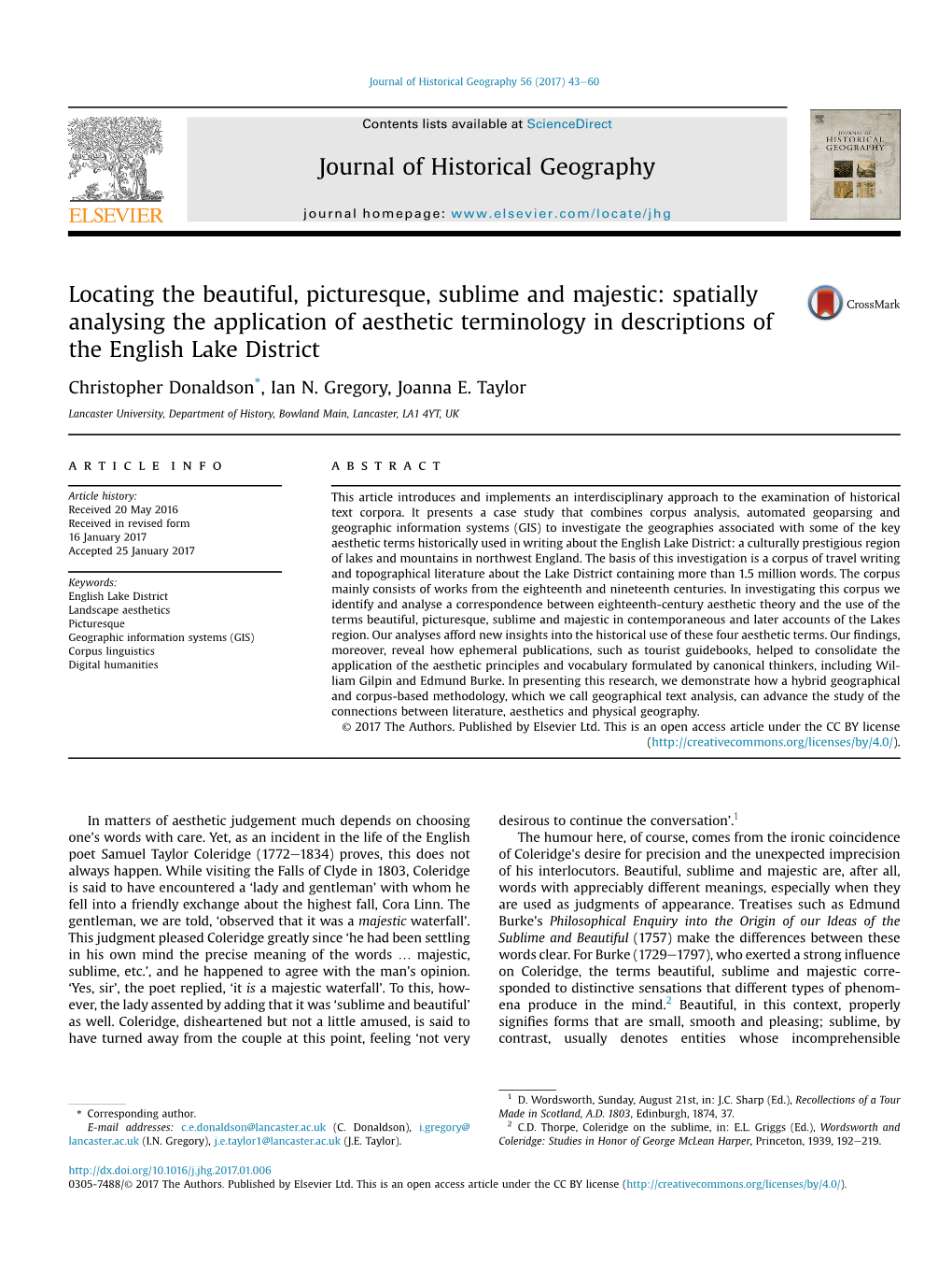 Locating the Beautiful, Picturesque, Sublime and Majestic: Spatially Analysing the Application of Aesthetic Terminology in Descriptions of the English Lake District