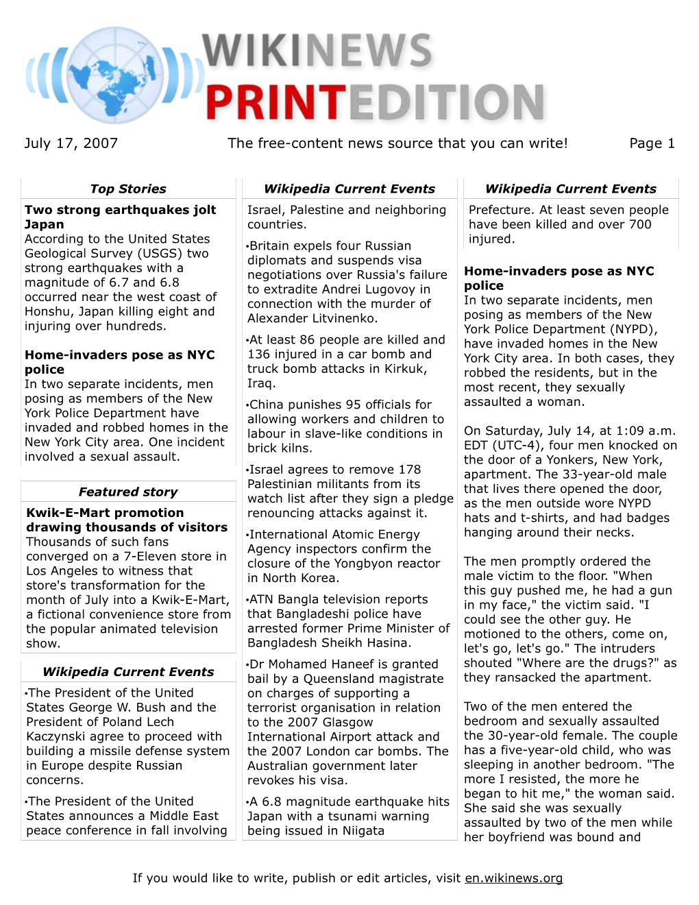 July 17, 2007 the Free-Content News Source That You Can Write! Page 1