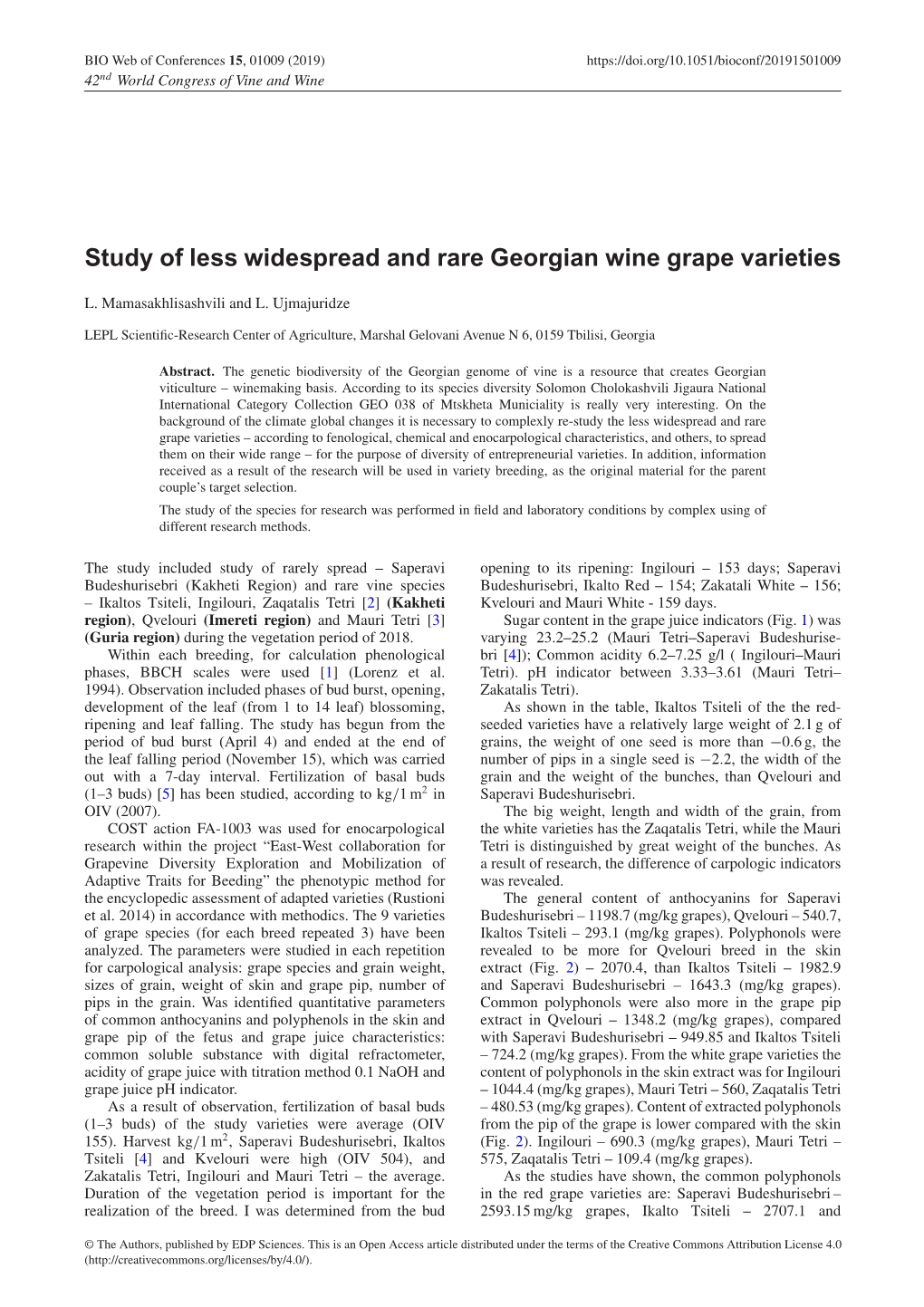 Study of Less Widespread and Rare Georgian Wine Grape Varieties